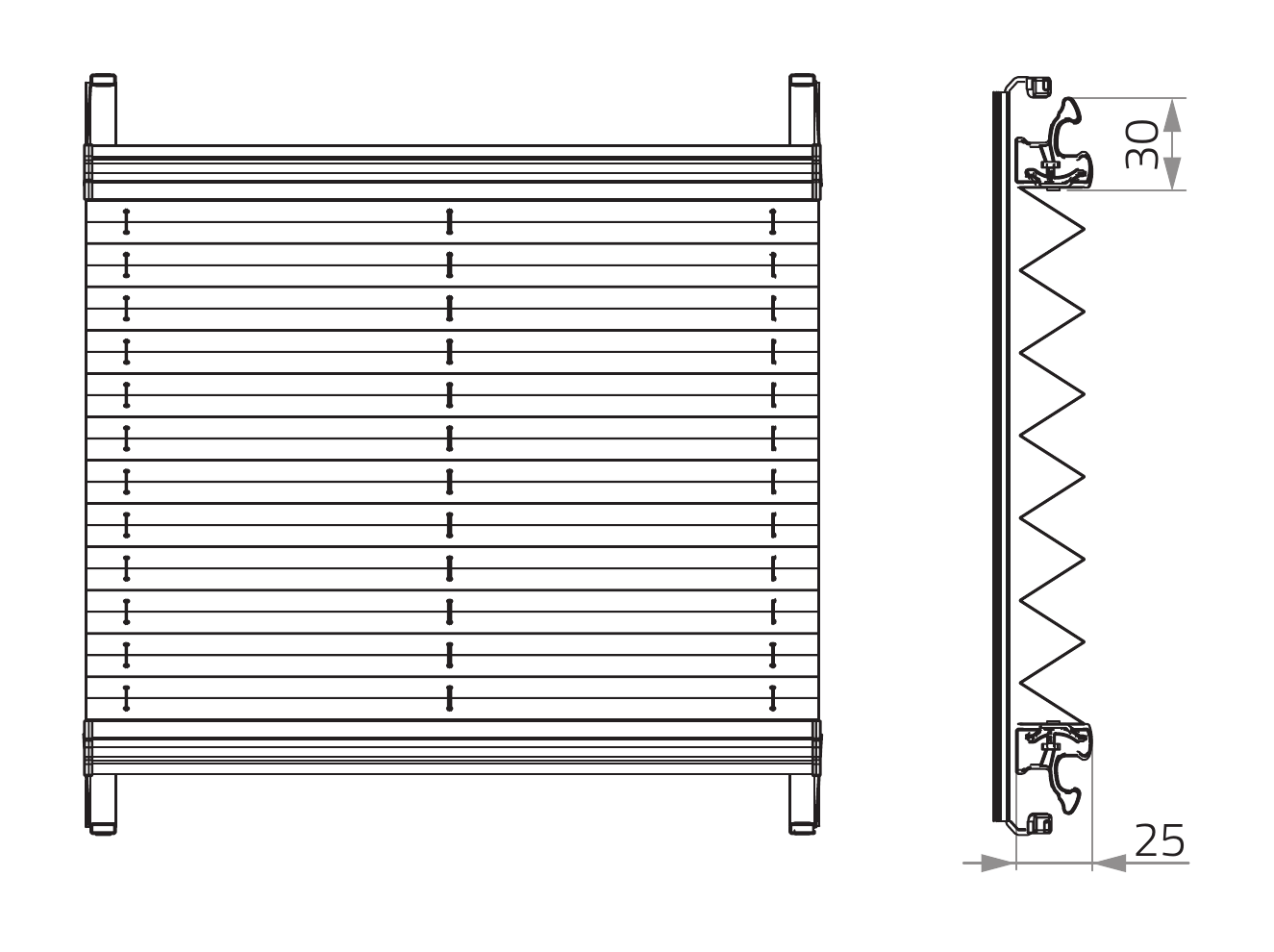 Ilustracja Direct Control z dokumentacji systemu: widok frontowy i przekrój szyny 25 × 30 mm
